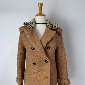 Stussy Vintage Y2K Brown Peacoat with Leopard Print Fur Collar